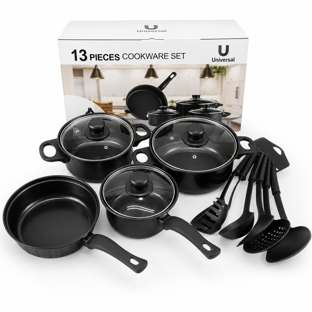 🔥 LIQUIDACIÓN DE STOCK: Juego De Ollas Universal 13 Piezas Antiadherente Color Negro 🍲🍚