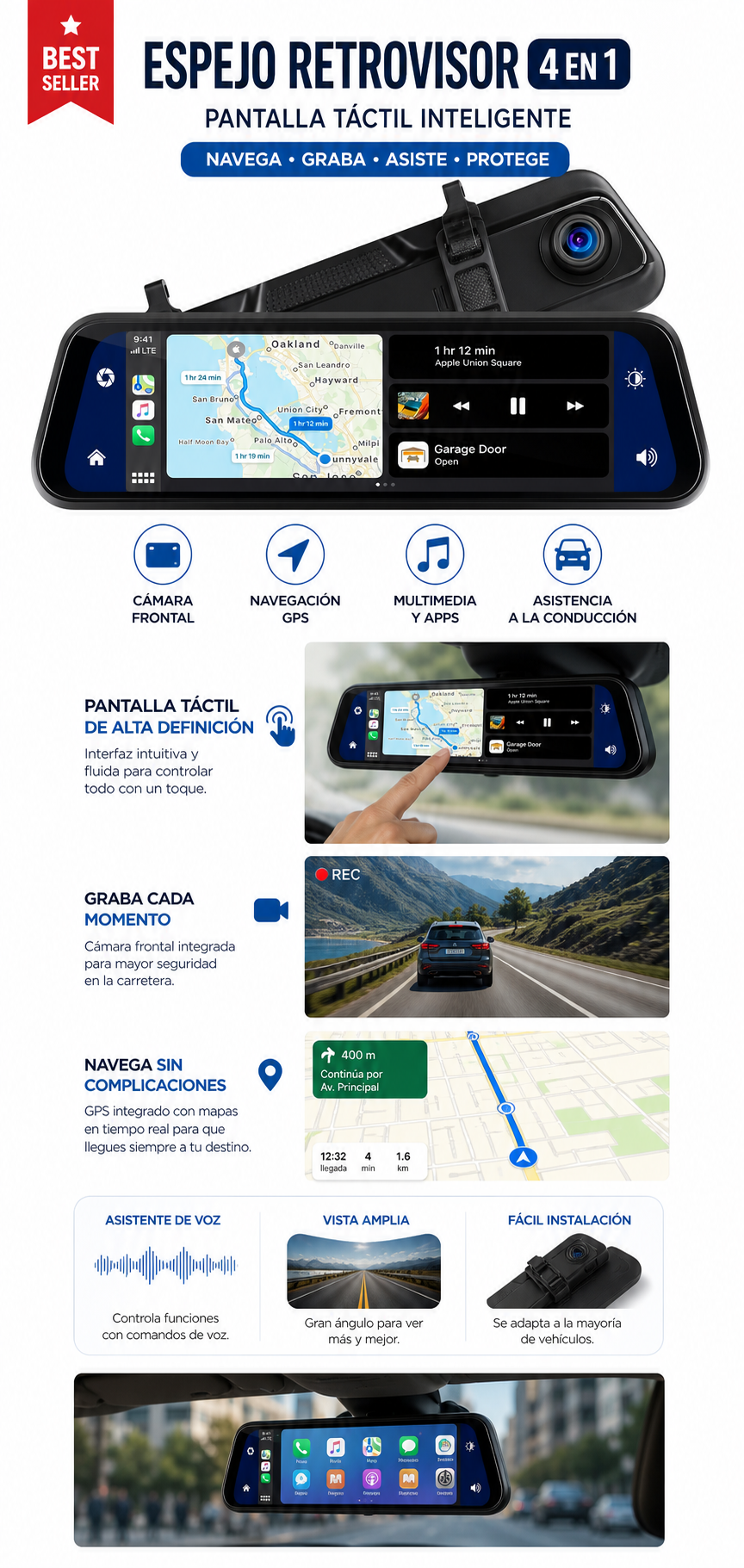 Espejo retrovisor 4 en 1 Pantalla Táctil